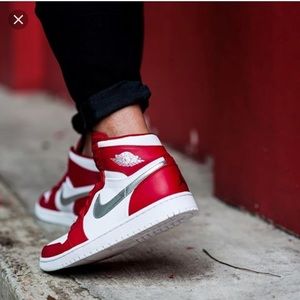 Red and white Jordan 1s